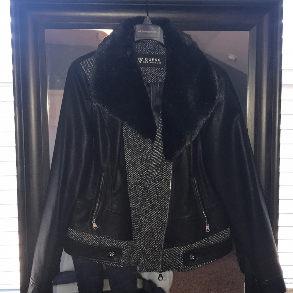 Black faux fur and leather Guess jacket